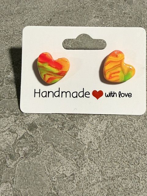 Heart Studs — Yellow with Red & Green Swirls