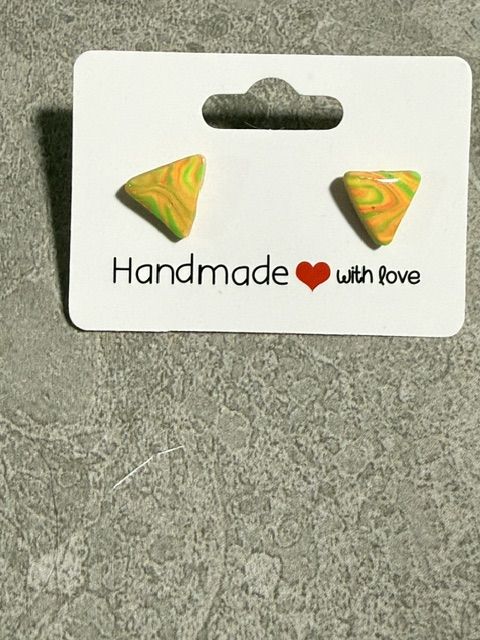 Triangle Studs — Yellow with Green & Red Swirls